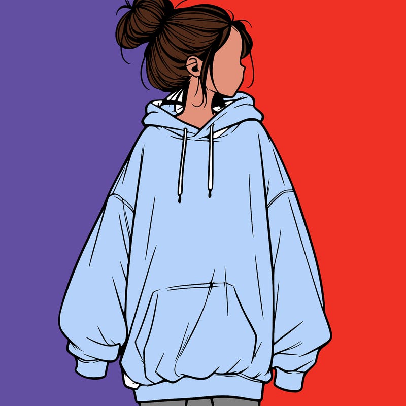 realistic girl with a oversized sweatshirt on and a bun