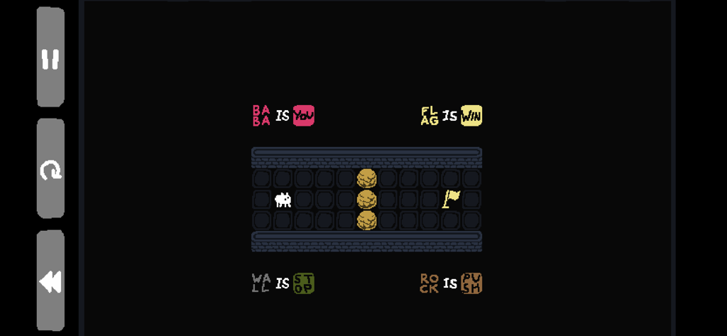 Baba Is You - A screenshot of the game Baba Is You showing a level with logic rules like Flag Is Win and Baba Is You