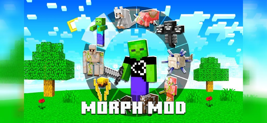 MCPE ADDONS - MORPH MODS • - Minecraft player character in a landscape surrounded by a mob selection wheel for morphing