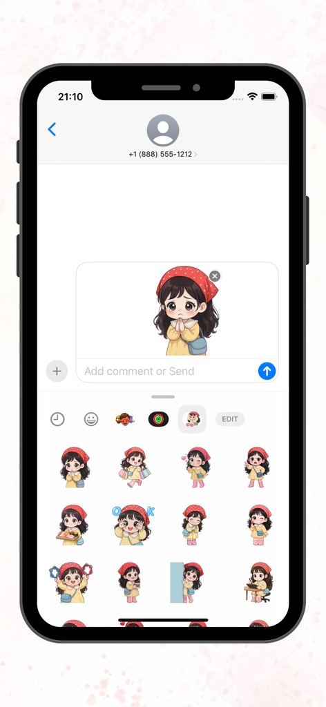 Tela de telefone exibindo vários adesivos fofos de anime girl em um menu do iMessage