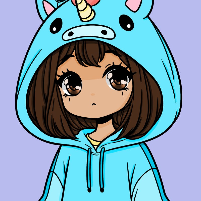 a girl with a unicorn hoodie and she looks shy