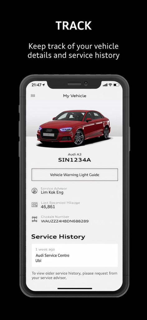 Panel de la aplicación Audi Service SG que muestra los detalles del vehículo y el historial de servicio