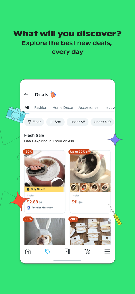 Pantalla de la aplicación Wish que muestra una venta flash con descuentos en artículos para el hogar, moda y accesorios.