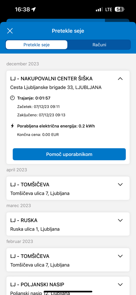 Charging session history in the OneCharge SI app showing past sessions and energy consumption