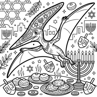 Unleash your creativity with this extraordinary coloring page featuring a magnificent Nyctosaurus celebrating Hanukkah. Dive into a festive scene filled with traditional symbols and delightful treats, perfect for all ages.