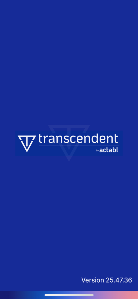 Transcendent Work Management - Splash screen of the Transcendent Work Management app featuring the company logo and Actabl branding on a blue background.