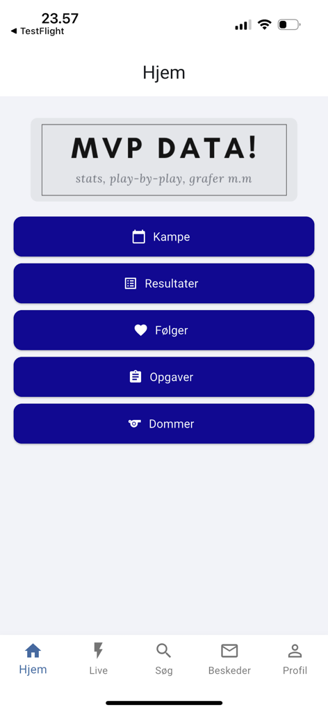 Pantalla de inicio de la aplicación de baloncesto MVP con opciones de menú para partidos y resultados.