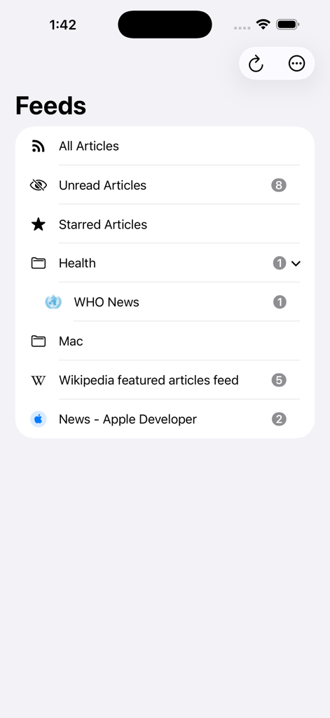 CloudNews app interface showing organized RSS feeds and unread article counts