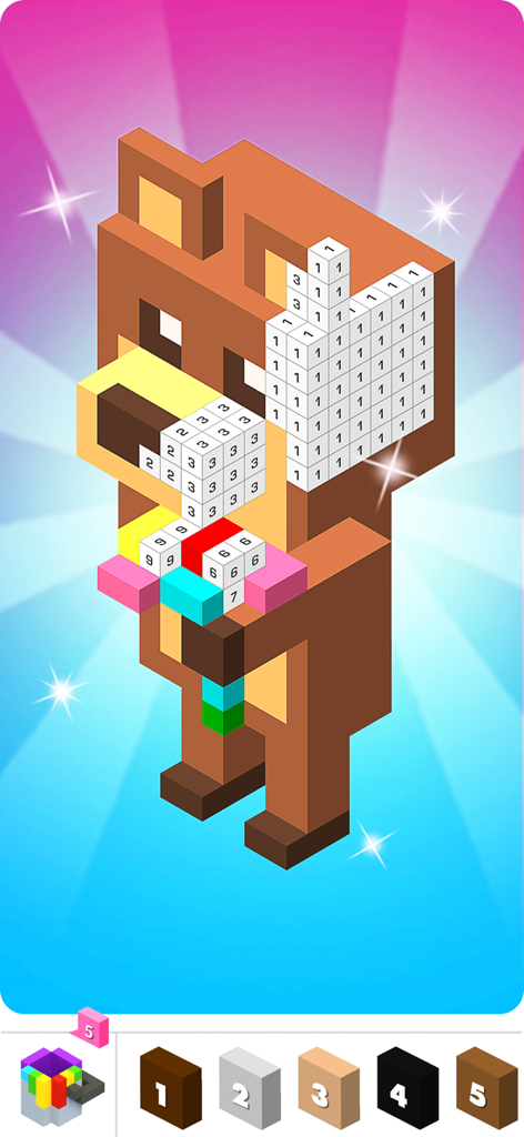 Ein 3D-Voxel-Kunst-Bär, der Blumen hält und in der Voxly-App nach Zahlen ausgemalt wird