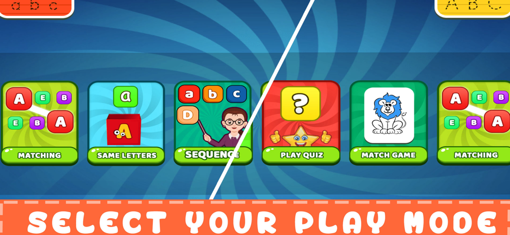 ABC Learn: Tracing & Phonics - ABC Learnアプリの、マッチング、シーケンス、クイズなどのさまざまな教育プレイモードの選択画面