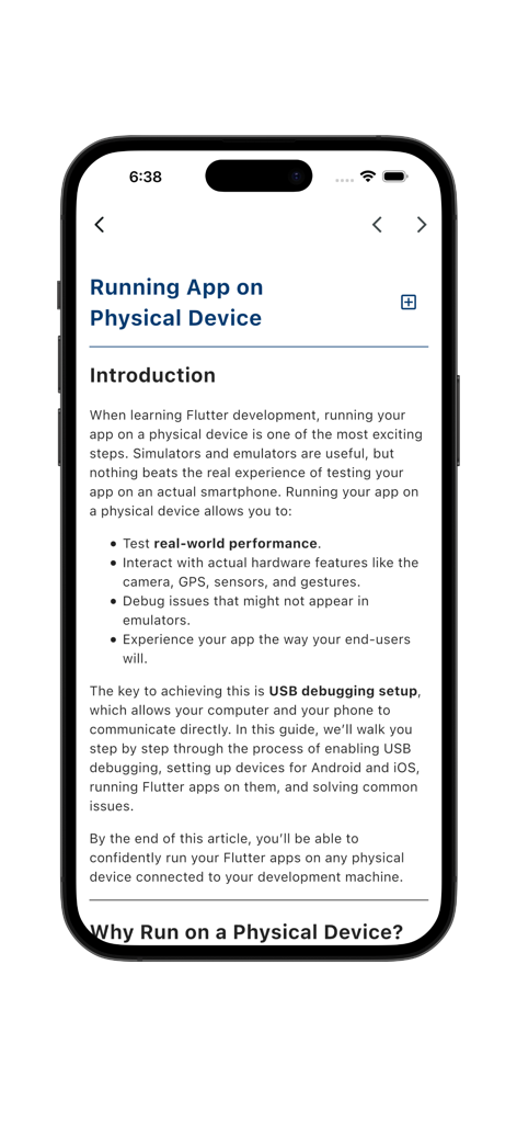 Una pantalla de tutorial que explica cómo ejecutar aplicaciones Flutter en un dispositivo físico.