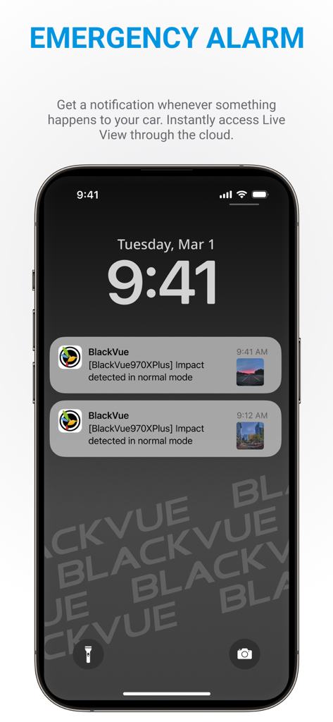 Notificação de alarme de emergência da aplicação BlackVue mostrando impacto detetado num ecrã de bloqueio de um iPhone