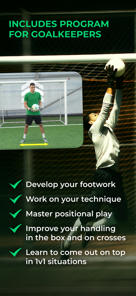 Ball in Goal: Soccer Training - Um goleiro de futebol pegando uma bola durante uma sessão de treinamento com uma lista de recursos do programa