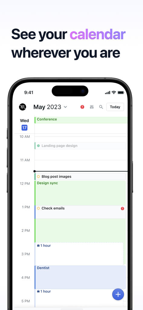 Motion mobile app displaying a daily calendar with tasks and meetings