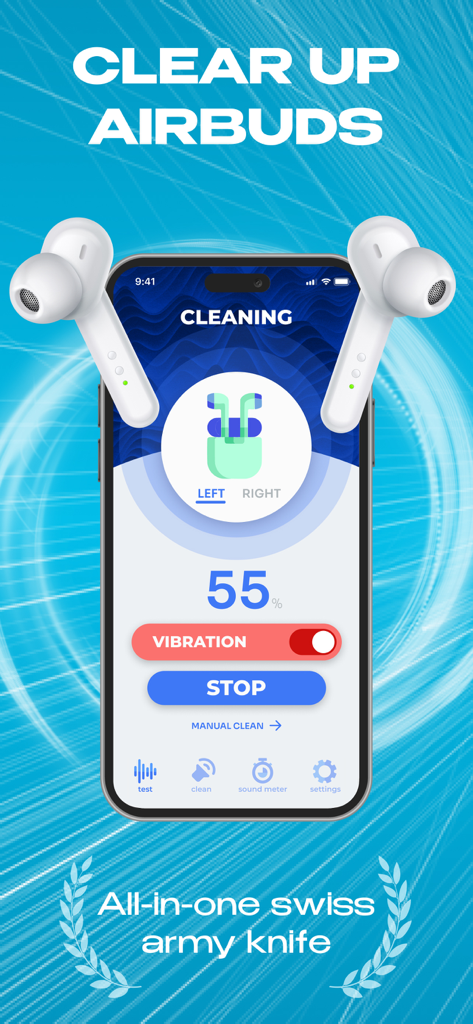 Blowly Cleaner: Clear Wave - A mobile phone screen showing the cleaning progress for wireless earbuds within the Blowly Cleaner app interface
