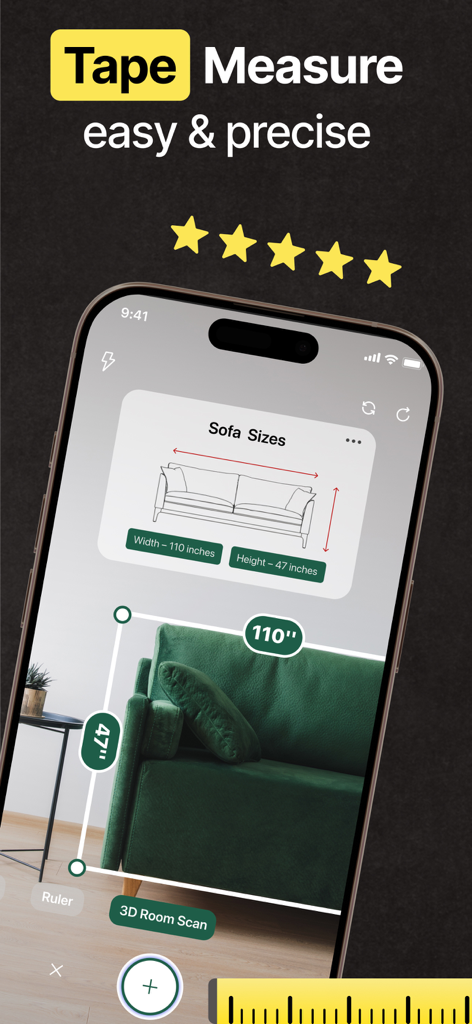 MetrixアプリがiPhoneで拡張現実を使用して緑色のソファを測定している様子