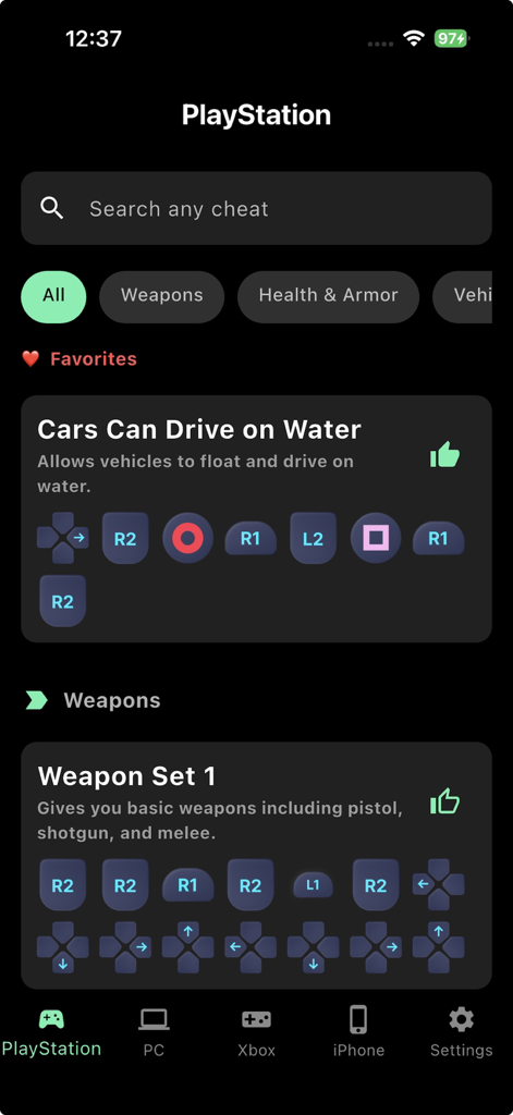 Eine mobile App-Oberfläche, die PlayStation-Cheat-Codes für GTA Vice City anzeigt, einschließlich Tastenkombinationen für Auto- und Waffen-Cheats.