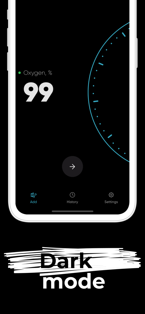 Interface of the Blood Oxygen Level Analyzer app in dark mode showing a 99 percent oxygen saturation reading.