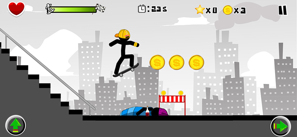 Stickman Skate 360 Epic City - Stickman performing a jump on a skateboard in an urban city level
