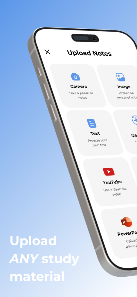 Studytok: Learn and Questions - Studytok 앱 화면, 카메라 이미지 텍스트 및 YouTube 동영상에서 학습 자료 업로드 옵션 표시