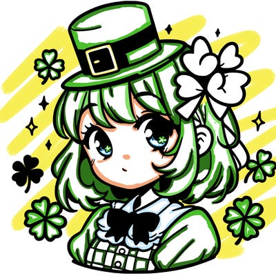 a manga-style girl with clovers around her, a little hat in her hair, like it's saint patrick's day