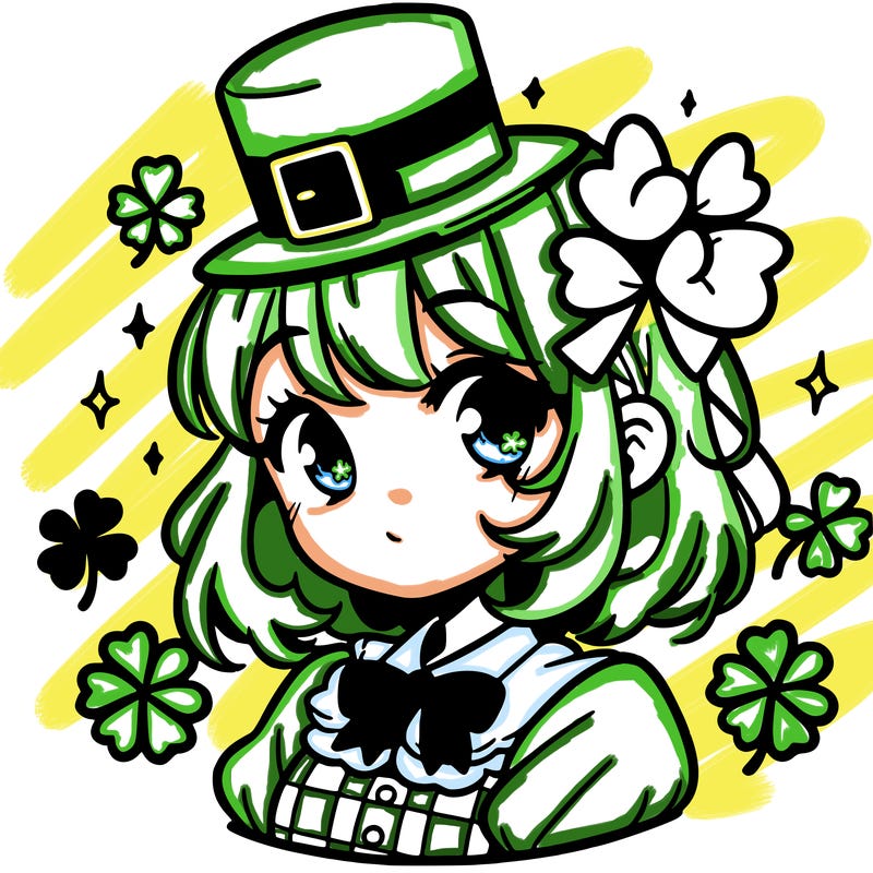 a manga-style girl with clovers around her, a little hat in her hair, like it's saint patrick's day