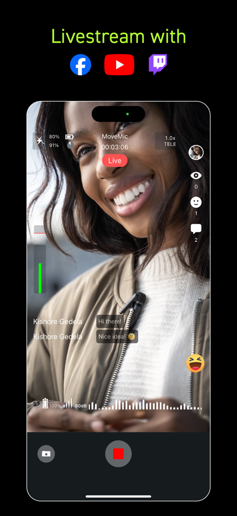 MOTIV Video - Interface de l'application Shure MOTIV Video montrant une diffusion en direct avec des vumètres audio professionnels et des icônes de réseaux sociaux