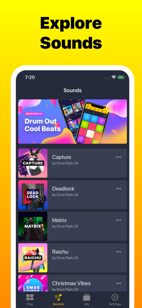 Dubstep Drum Pads 24 - Interface do aplicativo Dubstep Drum Pads 24 mostrando uma biblioteca de vários pacotes de sons EDM para explorar