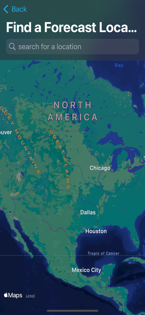 NOAA Local Weather Radio - Searchable map of North America within the NOAA Local Weather Radio app to find specific forecast locations