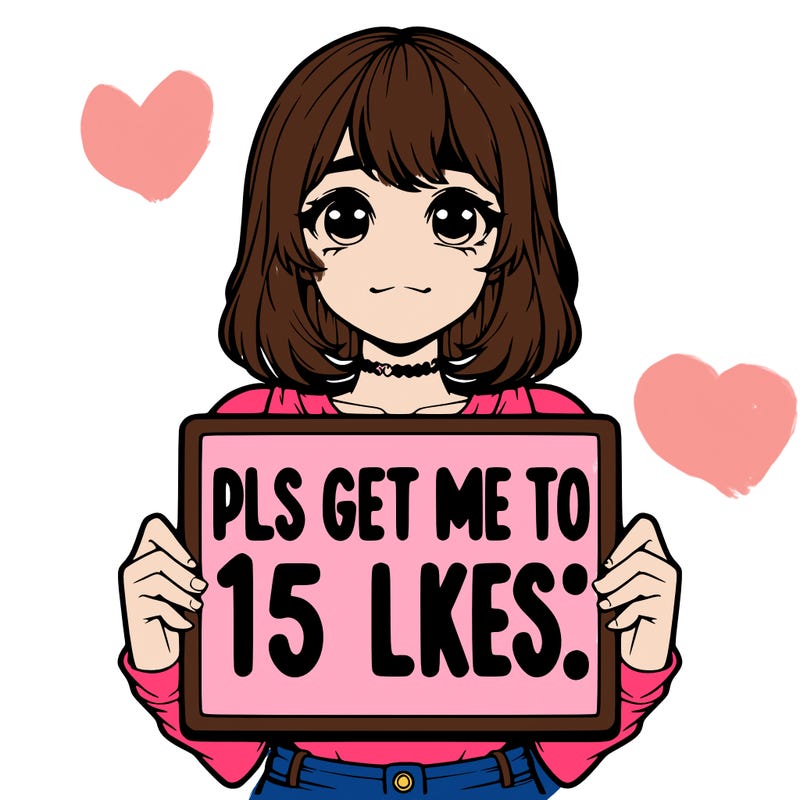realistic girl holding up a sign that says “pls get me to 15 likes!”