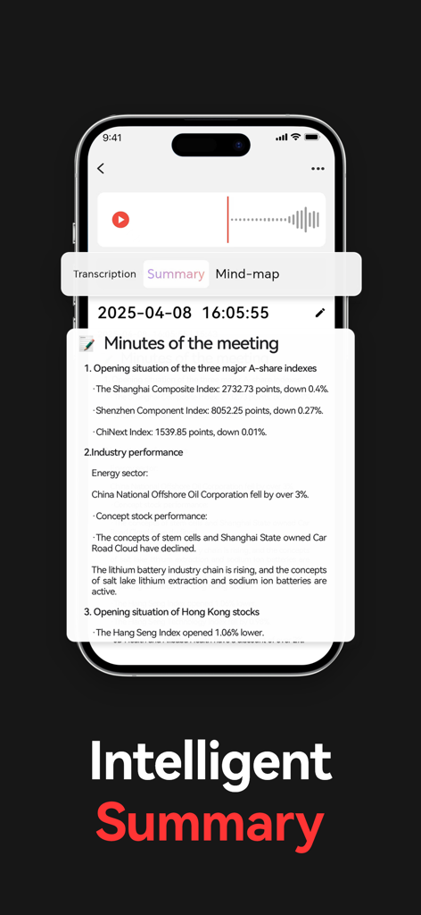 The AIREC app interface displaying an automated summary of recorded meeting minutes.