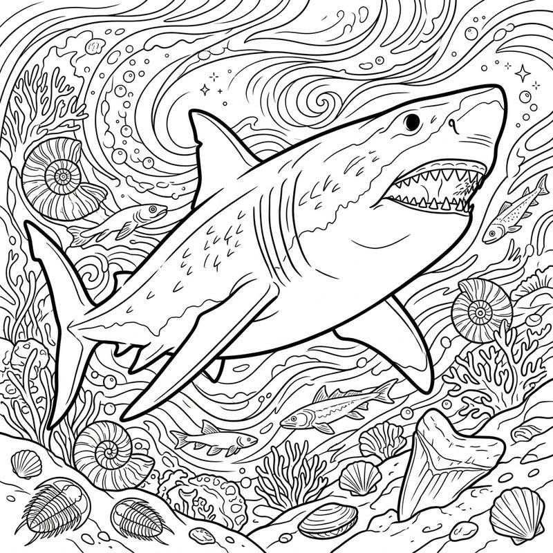 Dive into a captivating artistic journey with this Megalodon Extinction coloring page, designed specifically for teens. Explore the dramatic narrative of this colossal shark's disappearance amidst a richly detailed ancient ocean scene.