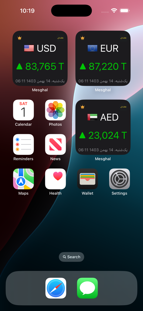 iPhone home screen with Mesghal app widgets displaying currency exchange rates for USD EUR and AED