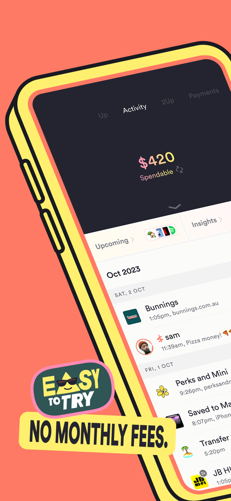 The Up banking app activity feed showing a spendable balance of 420 dollars and recent transaction history on a smartphone