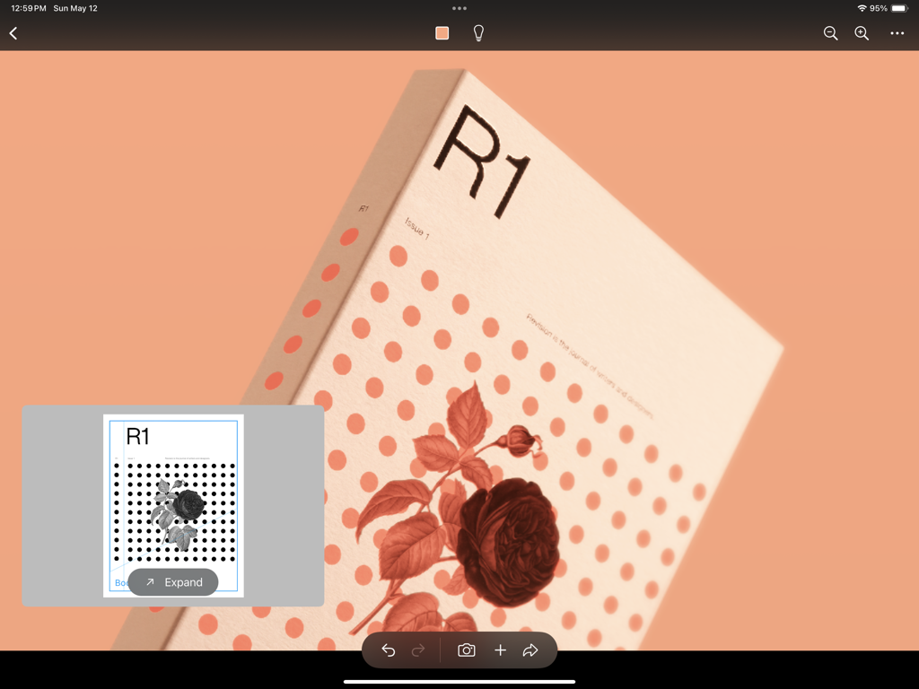 LiveSurface Vision - A 3D book cover mockup featuring a rose and polka dot design being visualized in the LiveSurface Vision app on an iPad
