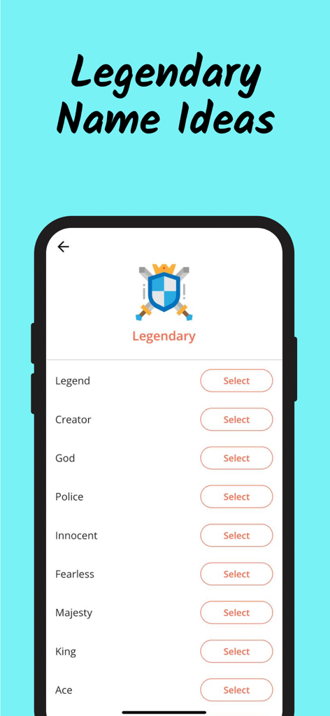Nickname Fire: Nickfinder App - Uno schermo mobile dall'app Nickname Fire che mostra un elenco di idee per nomi leggendari per profili di gioco.