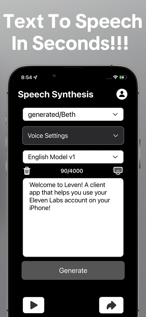 Leven AI Voice Generator Text - Interfaz de la aplicación Leven AI que muestra la pantalla de síntesis de voz con selección de voz y entrada de texto para la integración de Eleven Labs.