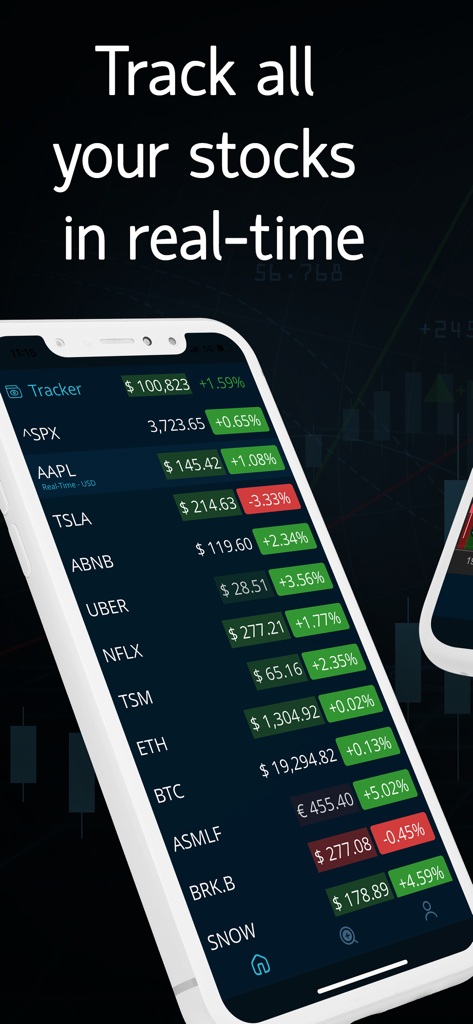 실시간 가격 업데이트 및 변경률이 표시된 실시간 주식 및 암호화폐 관심 목록을 보여주는 모바일 화면.