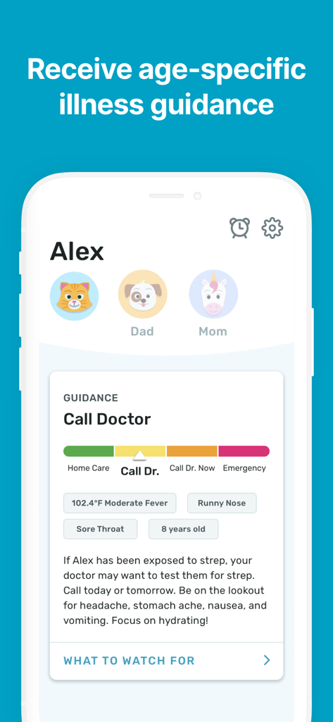 Smartphone screen of the Kinsa app displaying age-specific medical guidance and fever symptoms for a child
