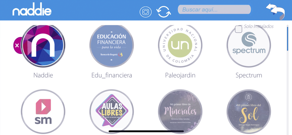 Naddie AR - Interface of the Naddie AR app showing a gallery of available augmented reality experiences for education and business.