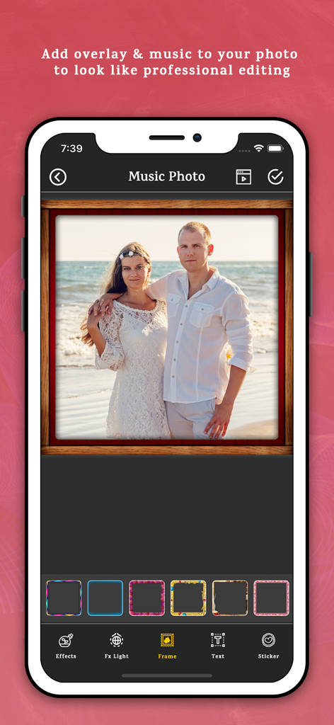 Video Maker With Music - Adding a decorative frame to a couple photo at the beach in the Video Maker With Music app interface