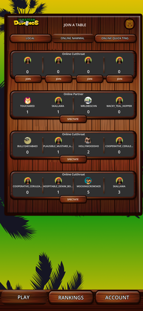 Jamaican Style Dominos Online - Multiplayer lobby screen for Jamaican Style Dominos Online showing different game tables and modes