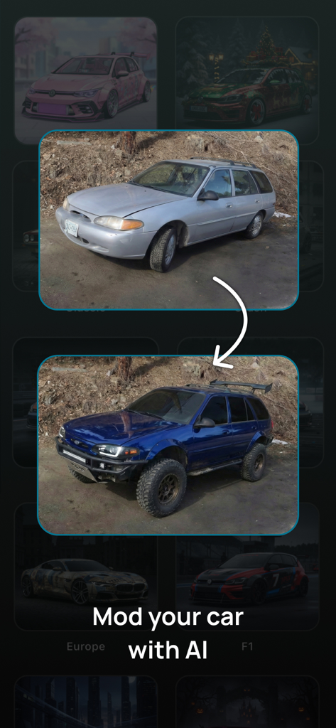 Before and after comparison of a car transformed into an off-road vehicle using AI technology