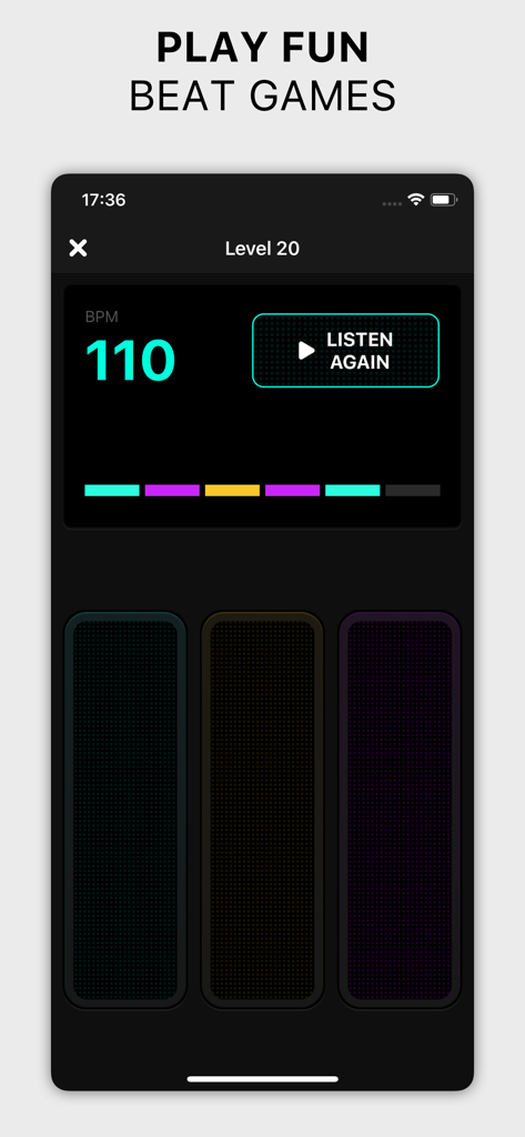 Metronome Pro app screenshot showing a rhythm training game at 110 BPM