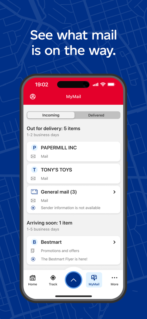 Canada Post app interface showing the MyMail feature with a list of incoming mail and packages out for delivery