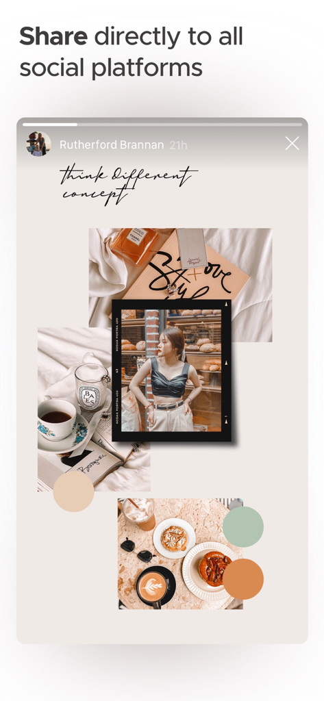 Ästhetische Lifestyle-Story-Collage mit einem zentralen Polaroid-Rahmen und dekorativen Farbpunkten