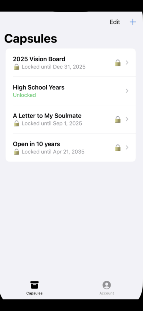 My Time Capsule - Interface do aplicativo Minha Cápsula do Tempo mostrando uma lista de cápsulas digitais com suas datas de desbloqueio