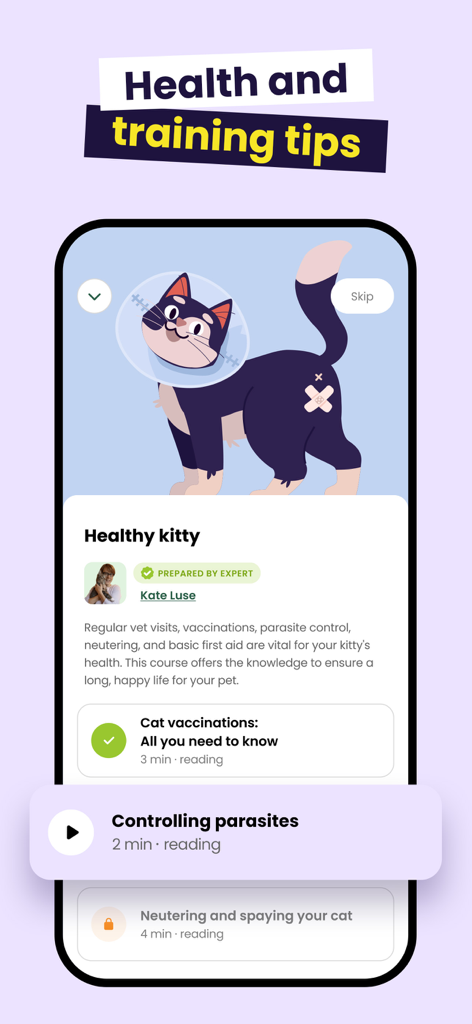 Meowz: Cat Training, Pet Care - Meowz app interface showing cat health and training tips for pet owners