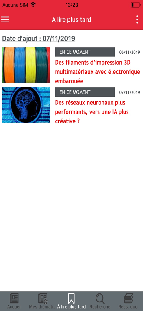 Interface of the Techniques de l'Ingénieur app displaying saved articles in the Read Later section