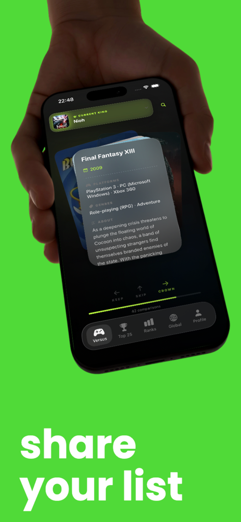 Versus: Game Rankings - Uma mão segurando um smartphone exibindo o aplicativo Versus Game Rankings com um cartão de informações do jogo e o texto compartilhe sua lista em um fundo verde